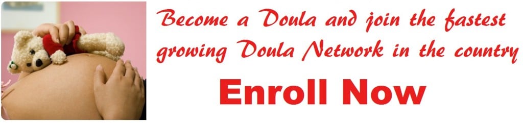 The enroll now banner depicts a pregnant woman's belly and she is holding a teddy bear next to it. 