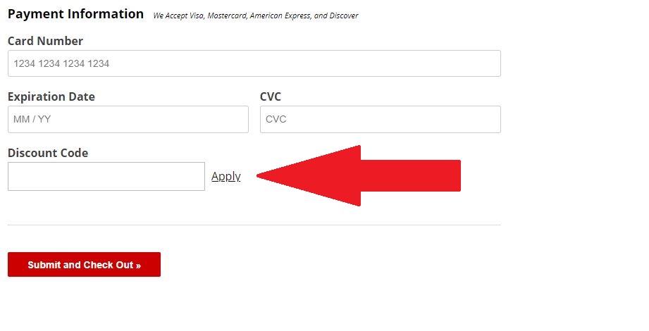 A picture showing the checkout page with a red arrow pointing to the Discount Code box where the code is applied. 