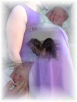 a pregnant woman with photos of doula support inside