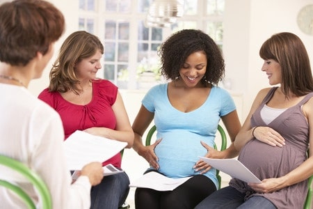 A group of pregnant women in a childbirth education course