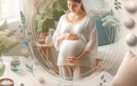 Decorative image of a pregnant woman in a serene and nurturing environment, engaged in a calming activity like walking or reading a book