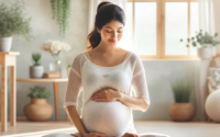 A decorative image depicting an expectant mother practicing gentle prenatal yoga